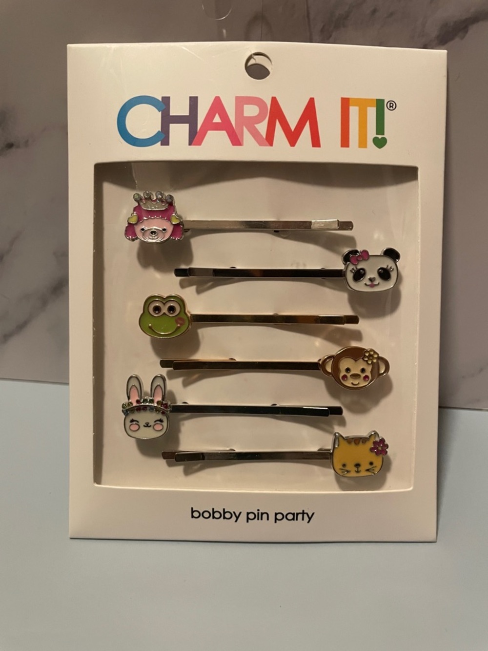 CHARM IT! Cute Animal Bobby Pin Party Set of 6 Cat Bunny Monkey Frog Panda Dog